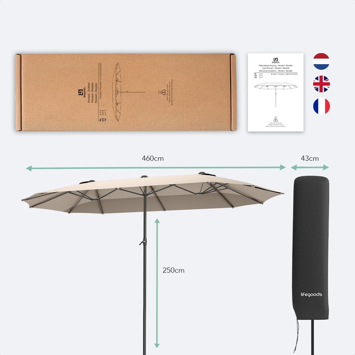 LifeGoods Doppelter Sonnenschirm - 270x460cm - Bis zu 15 Personen - Wasserdicht - Mit Bezug - Taupe