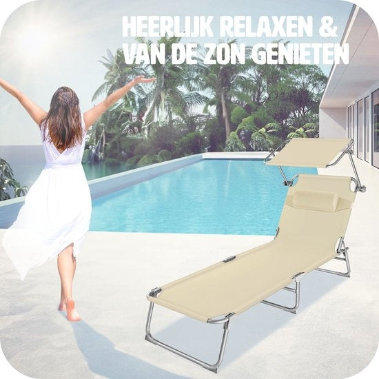 tectake - Liege, robust, verstellbar, Stahlgestell mit Sonnenschirm, 4-fach verstellbare Rückenlehne inklusive Kissen, Strandkorb Ideal für Garten, Pool, Camping- beige - 68 x 190 x 28 cm