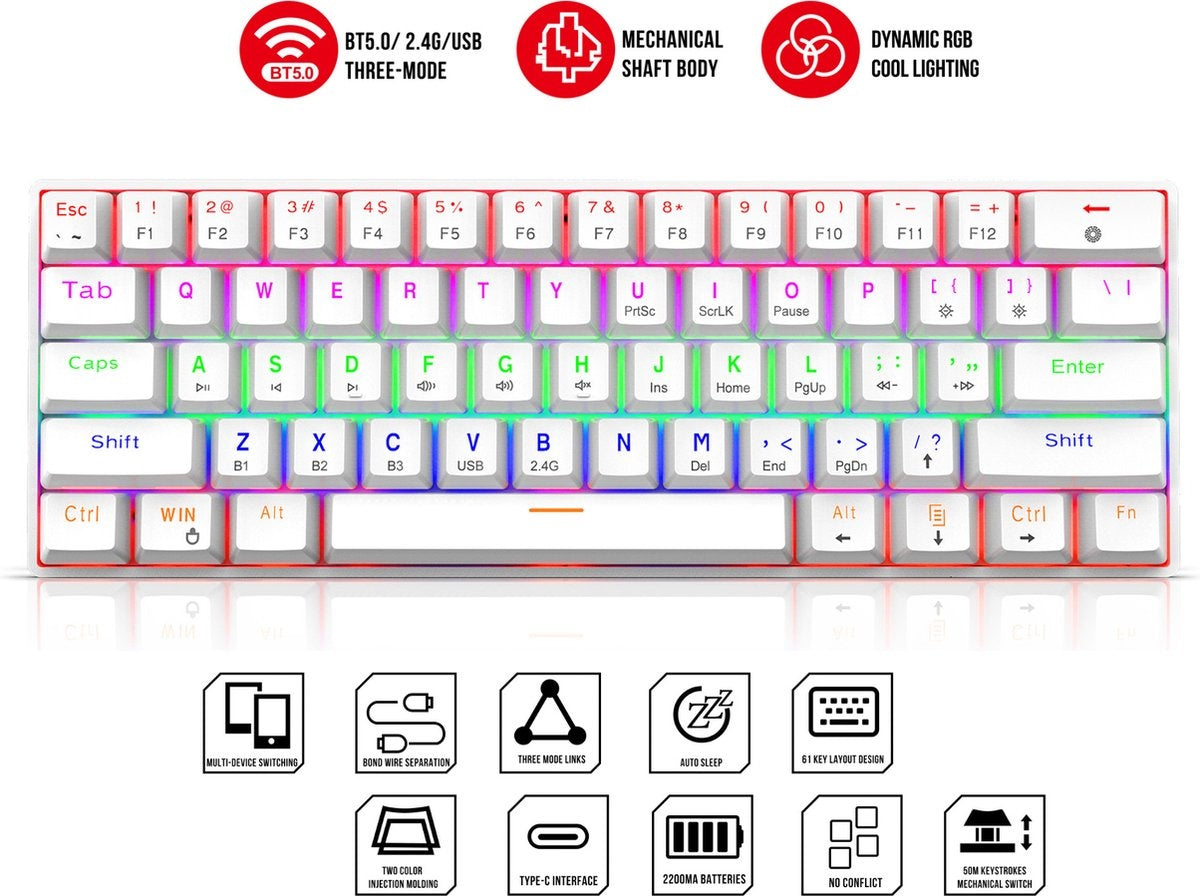 HXSJ L800 Wireless Mechanical TKL Gaming Keyboard - RGB - Wired / 2.4GHz RF / Bluetooth - QWERTY - 61 Tasten - Blauer Schalter - Weiß