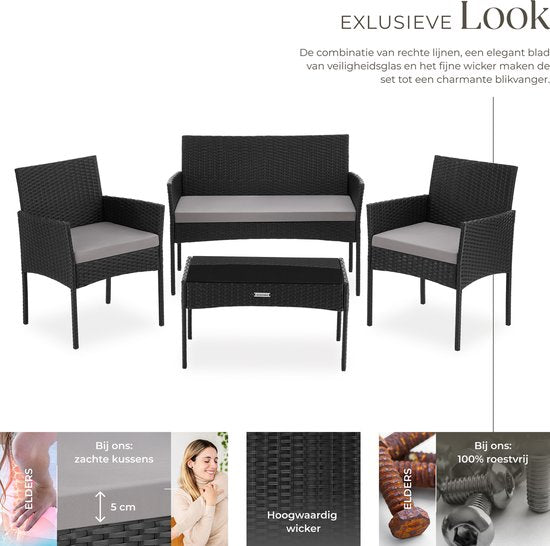 tectake® - Geflecht-Gartenset Palese - Sitzgruppe für 4 Personen - Gartenmöbel-Set mit Loungebank, Gartentisch und 2 Gartenstühlen inklusive Sitzkissen - Gartenmöbel - Wasserfest - Schwarz