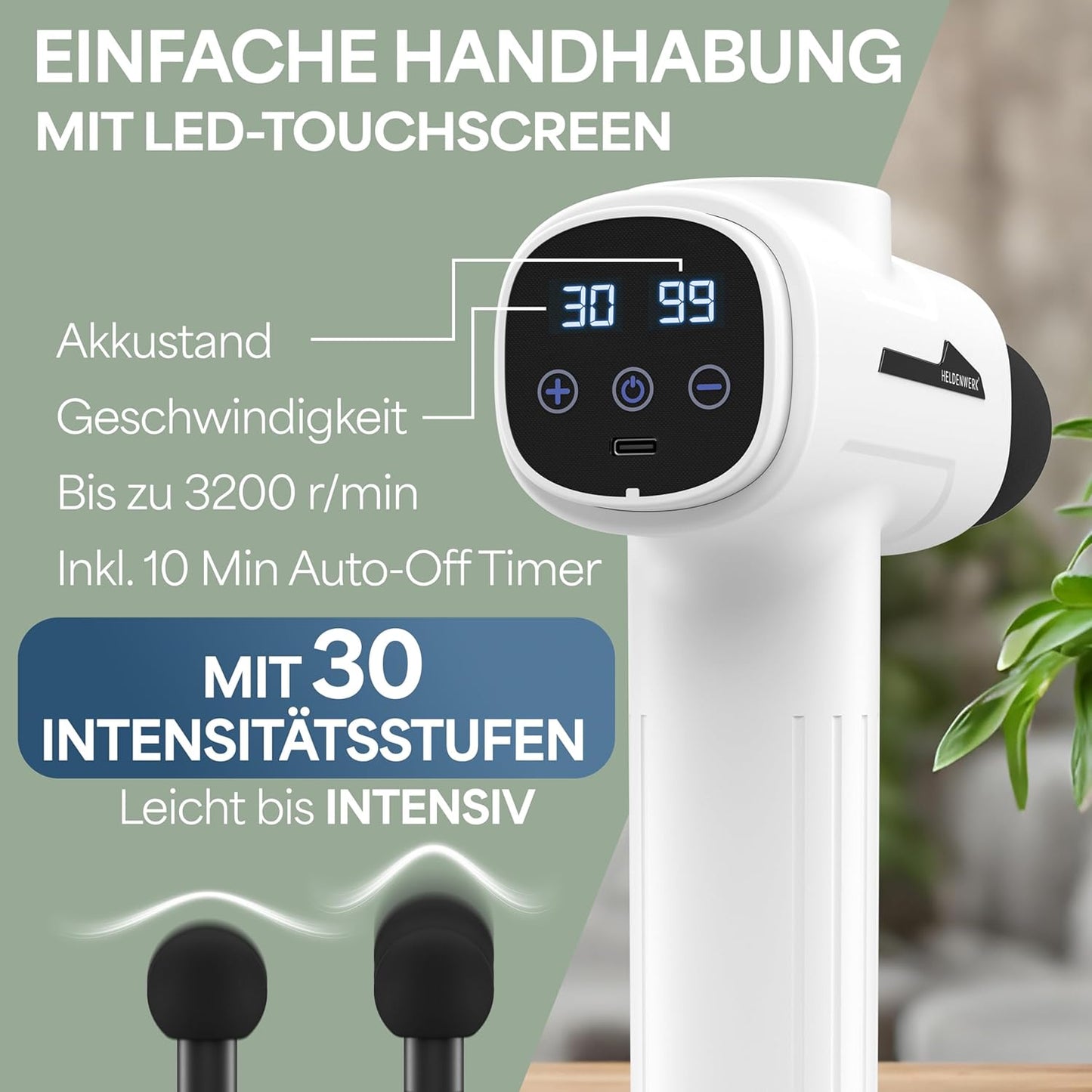 HELDENWERK Aktiv-Massagepistole - 30 Geschwindigkeiten - 6 Massageköpfe - flüsterleise - USB-C wiederaufladbar - LCD-Touchscreen - inklusive Aufbewahrungskoffer - weiß