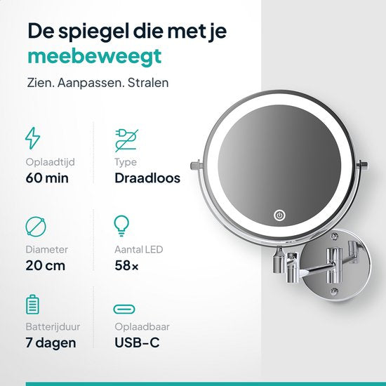 Mirlux Make-up-Spiegel mit LED-Beleuchtung - Wiederaufladbar - 5-fache Vergrößerung - Vergrößerungsspiegel mit Licht - Rasierspiegel - Badezimmerspiegel - Chrom