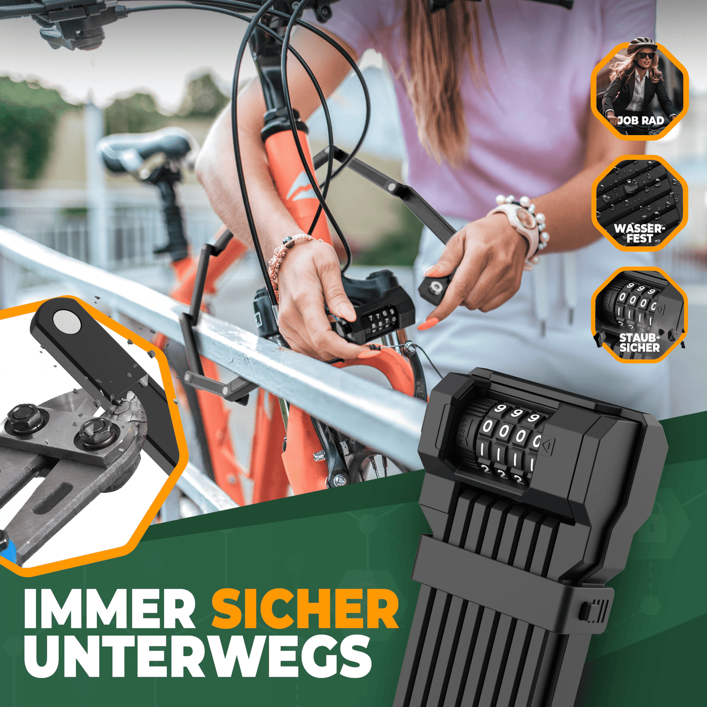 MIVELO Robustes Fahrradschloss mit Zahlencode – 120 cm lang – Carbonstahl – Wasserfest – 20 x 6 cm – Schwarz