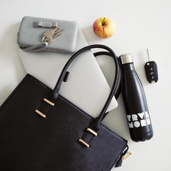 TravelMore Edelstahl-Trinkflasche – Sport-Thermobecher – Wasserflasche mit Kühl- und Wärmeisolierung – Isolierte Trinkflasche – Auto – Fitness – Outdoor – Laufen – Erwachsene – BPA-frei – Doppelwandig – Stiel – Stahl – 500 ml – Schwarz