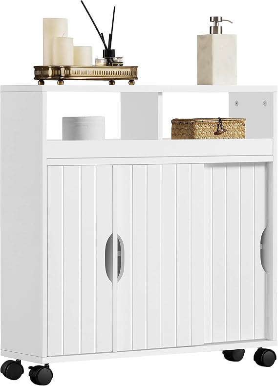 Yaheetech Badezimmerschrank 69,5 x 20 x 71,5 cm – Schiebetüren – Rollen – Weiß
