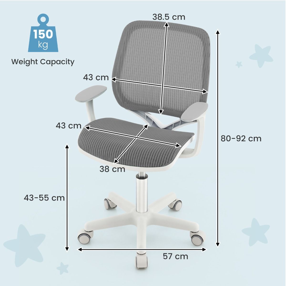 Coast Kinder-Schreibtischstuhl – höhenverstellbar – ergonomisches Design – grau