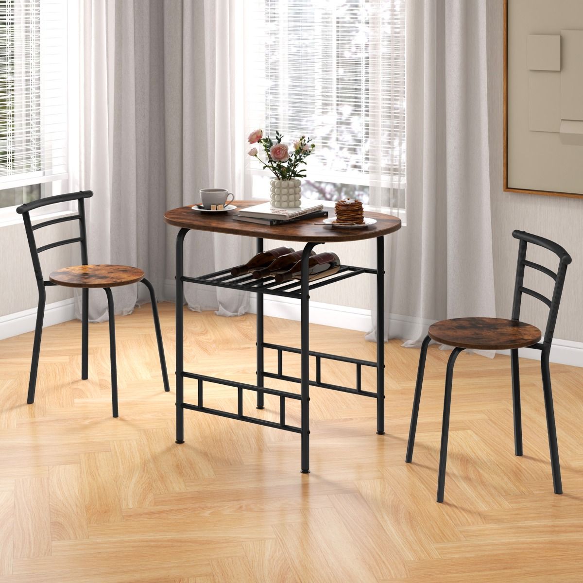 Coast Küchentisch und Stuhl Set für 2 Personen - Ovaler Tisch 80x53x77 cm mit 2 Stühlen, Weinregal, MDF und Metall, Braun/Schwarz