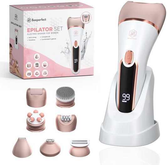 Beeperfect 7 in 1 Epilierer für Frauen - Bikini-Trimmer - Wiederaufladbar - Wasserdicht - 7 Aufsätze - Weiß/Rosa