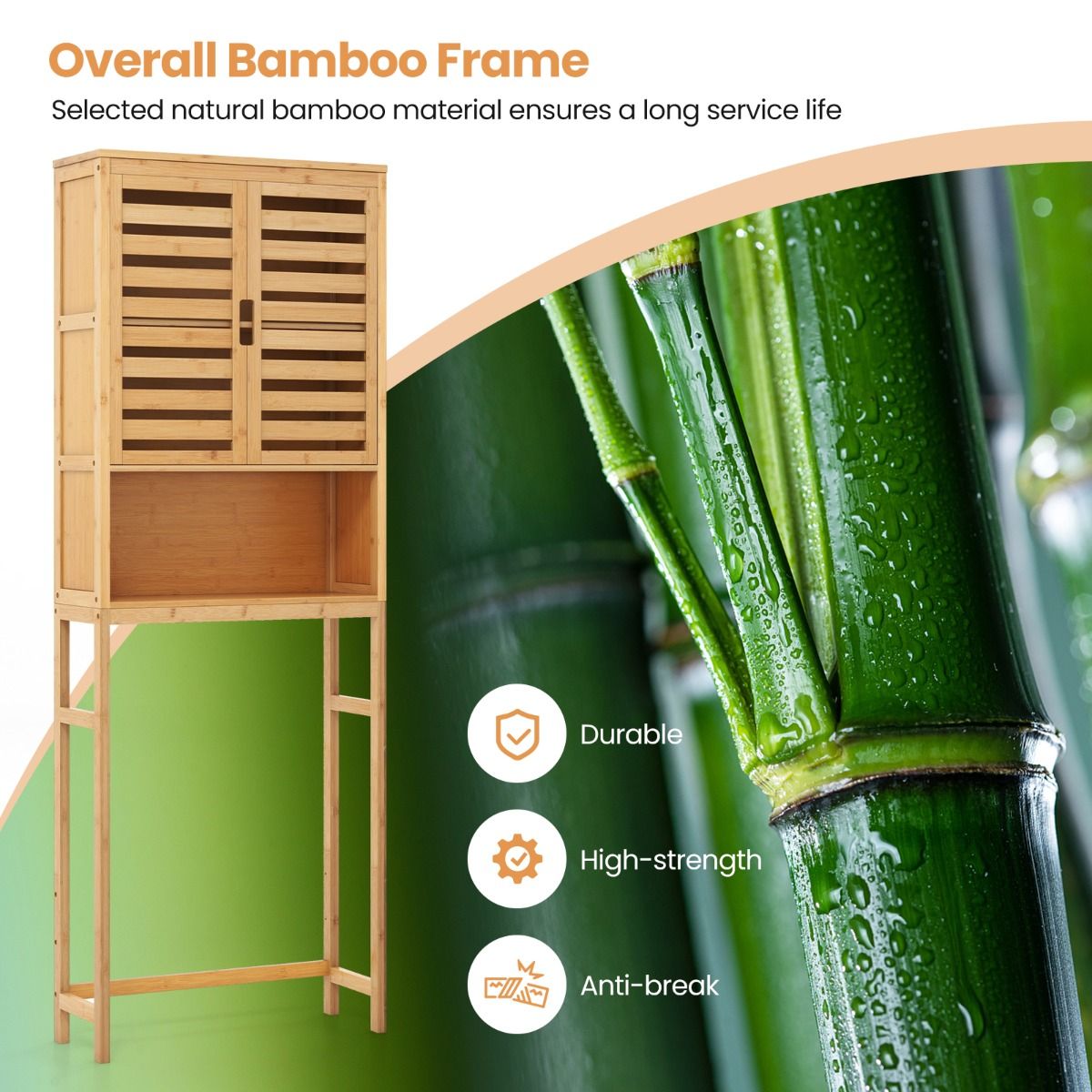 Coast Badezimmerschrank über der Toilette – hoher Aufbewahrungsschrank aus Bambus mit 2 Türen – platzsparend – naturbelassen – 62 x 23 x 170 cm