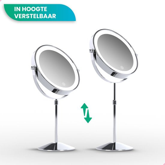 Mirlux Luxus-Make-up-Spiegel mit LED-Licht - 10-fache Vergrößerung - Verstellbar & wiederaufladbar - 3 Lichtstufen - Chrom - Make-up-Spiegel - Spiegel mit LED-Licht