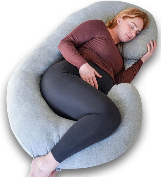 EL Life Umstandskissen - XXL - C-Form - Stillkissen - Seidenschlafkissen - Körperkissen - abnehmbarer Jersey-Baumwollbezug - 150x70cm - Hellgrau