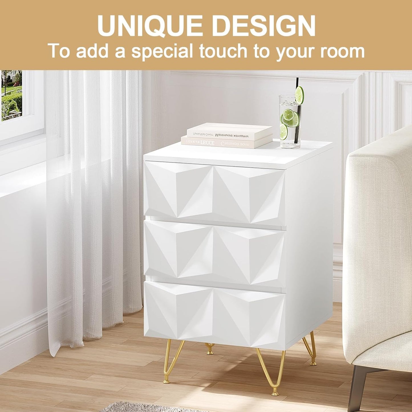 Eugad Nachttisch mit 3 Schubladen - 40x40x62,5 cm - Weiß mit Gold - Modernes 3D Design