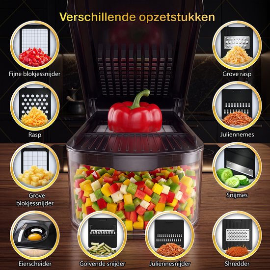 Toivo Kitchen Gemüseschneider – BPA-frei – Multifunktional – 7-in-1-Küchenmandoline – Manuell – Küchenzubehör – Küchenschneider – Zwiebelschneider – Spiralschneider – Pommes-Frites-Schneider – Schwarz