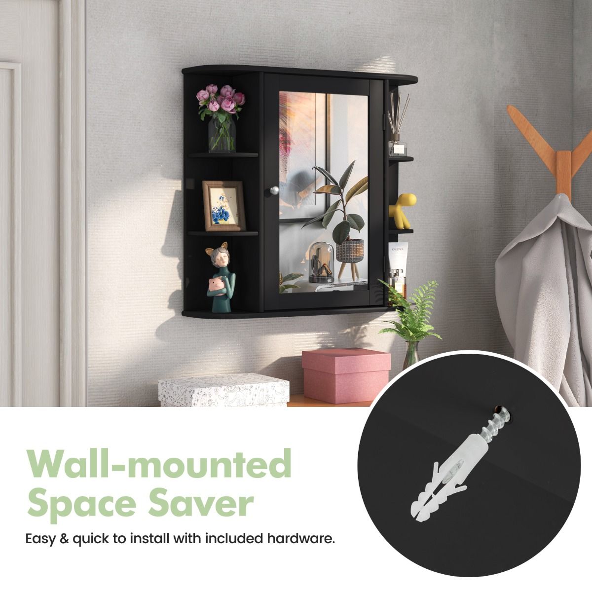 coast Spiegelschrank Bad - 66×17×62 cm - Schwarz - Wandschrank mit Spiegeltür & offenen Regalen