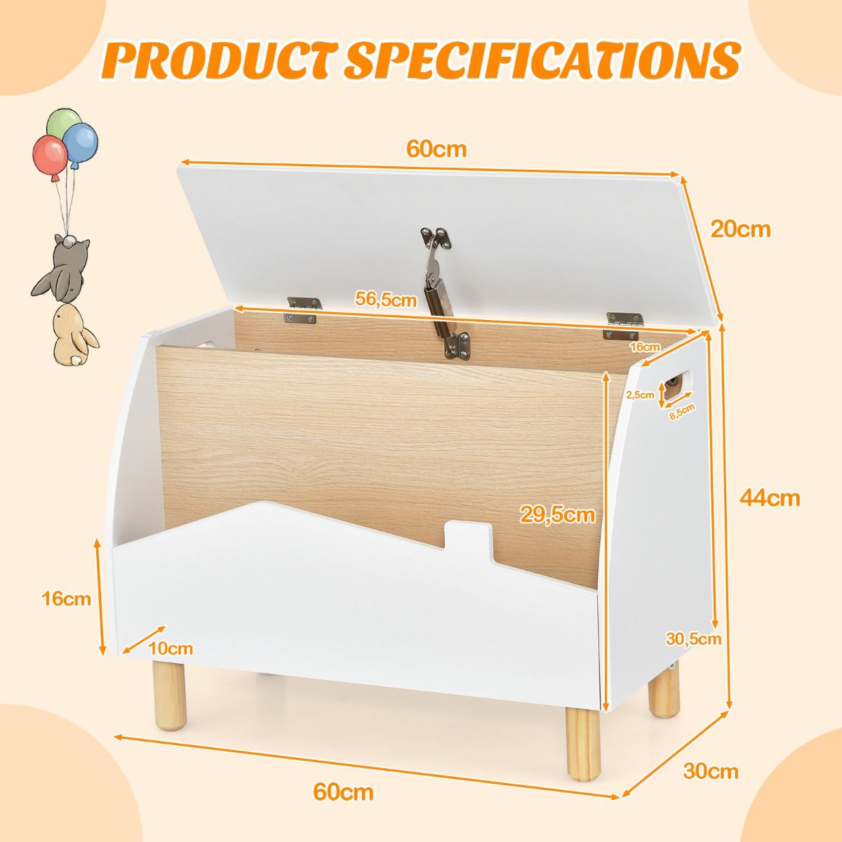 Coast Spielzeugkiste aus Holz mit Ablage – Sicherheitsscharnier – Griffe – Weiß 60 x 33 x 44 cm