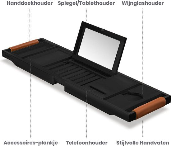 RelaxTub® Badewannenbrett - Badewannenbrett für die Badewanne - Badewannenregal - Verstellbar - Rutschfest - Badewannenbrett Schwarz - Badewannenbrett Holz - Badewannenregal mit Buchhalter, Tablet-Halter & Spiegel