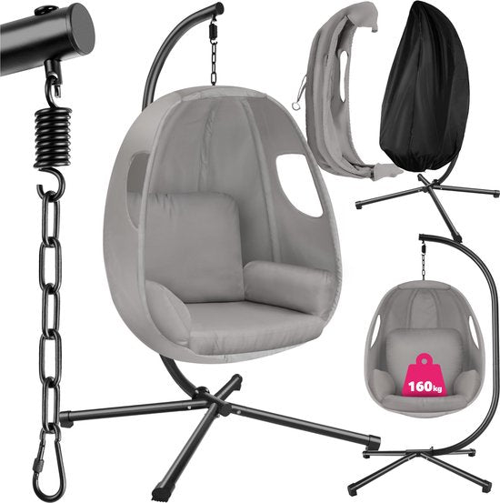 tectake Hängesessel mit Gestell - Schaukelstuhl mit Kissen + Rückenkissen - Möbel für Wohn- oder Schlafzimmer - Balkonmöbel - Für drinnen oder draußen - Bis 160 kg - Hellgrau