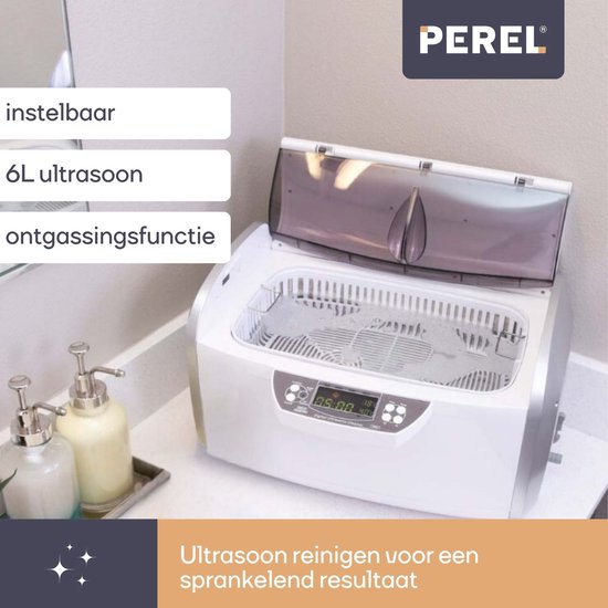 Perel Ultraschallreiniger 6 L - Entgasungsfunktion - Ablassventil - Einstellbarer Timer und Temperatur - Abnehmbarer Korb und Uhrenhalter - Professioneller Einsatz - 310 W, 35 kHz - Weiß