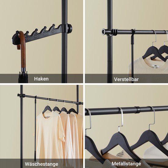 SoBuy Teleskop-Kleiderständer – Verstellbares Aufbewahrungssystem – Kleiderstangensystem – B(75–126) × H(200–295) cm, Schwarz, FRG109-II-SCH