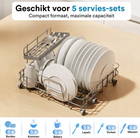 Joula Mini-Geschirrspüler mit Wassertank - 8 Waschprogramme - 5 Fächer - Kleiner schmaler freistehender Geschirrspüler - Camping - Schwarz