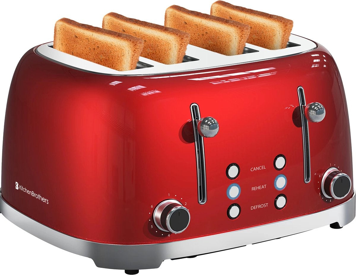 KitchenBrothers Retro-Toaster - 6 Heizstufen - 4 extra breite Schlitze - 1630W - Aufwärm- und Auftaufunktion - Rot
