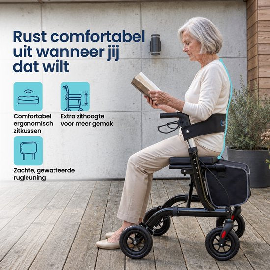 TrueSafe Rollator, leicht und zusammenklappbar (6,9 kg) – Für drinnen und draußen – Inkl. ergonomischem Sitzkissen, Beleuchtung, Rückenlehne, Gehstockhalter und mehr – Schwarz