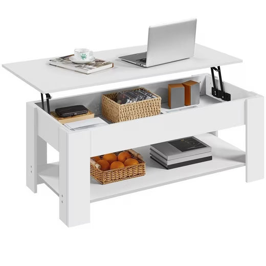 Yaheetech Couchtisch – Verstellbar – Mit Gasfeder-Hebemechanismus, Schaumstoffkappen und offenem Stauraum – Für Wohnzimmer und Sitzecke – Weißes MDF und Metall – 98 x 50 x 42 cm