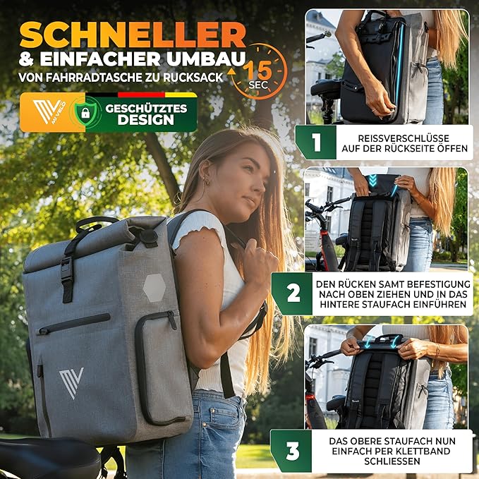 MIVELO Pannier - 3-in-1-Rucksack & Umhängetasche - Wasserdicht - 25 Liter - Grau