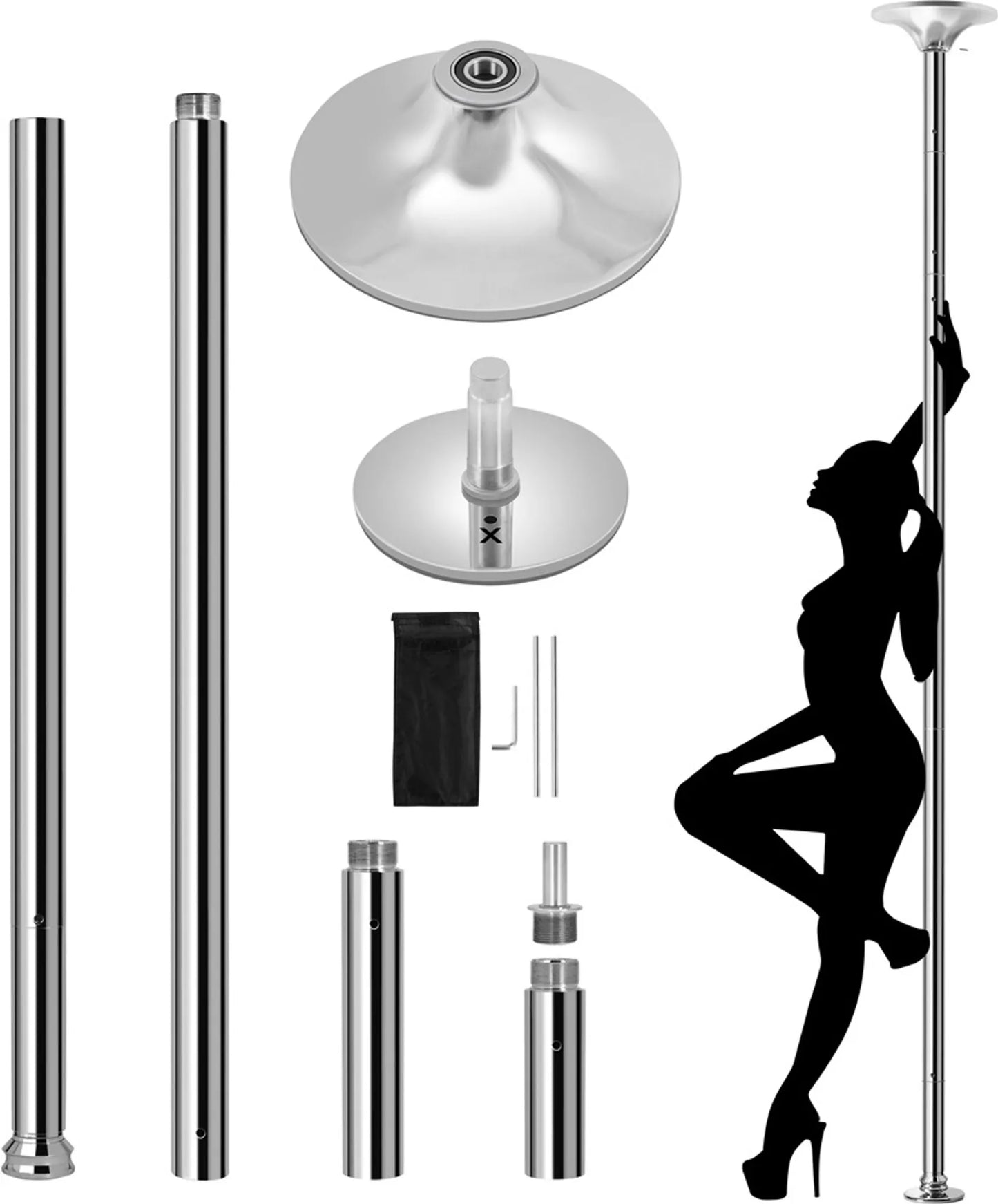 Yaheetech Dance Pole Verstellbar - Mit statischem und drehbarem Ständer und Silikon-Gummischutz und 2 Verlängerungsstangen - Für Heimgebrauch und Fitness - Silber verchromtes Metall - 25 x 25 x 216,5-275 cm