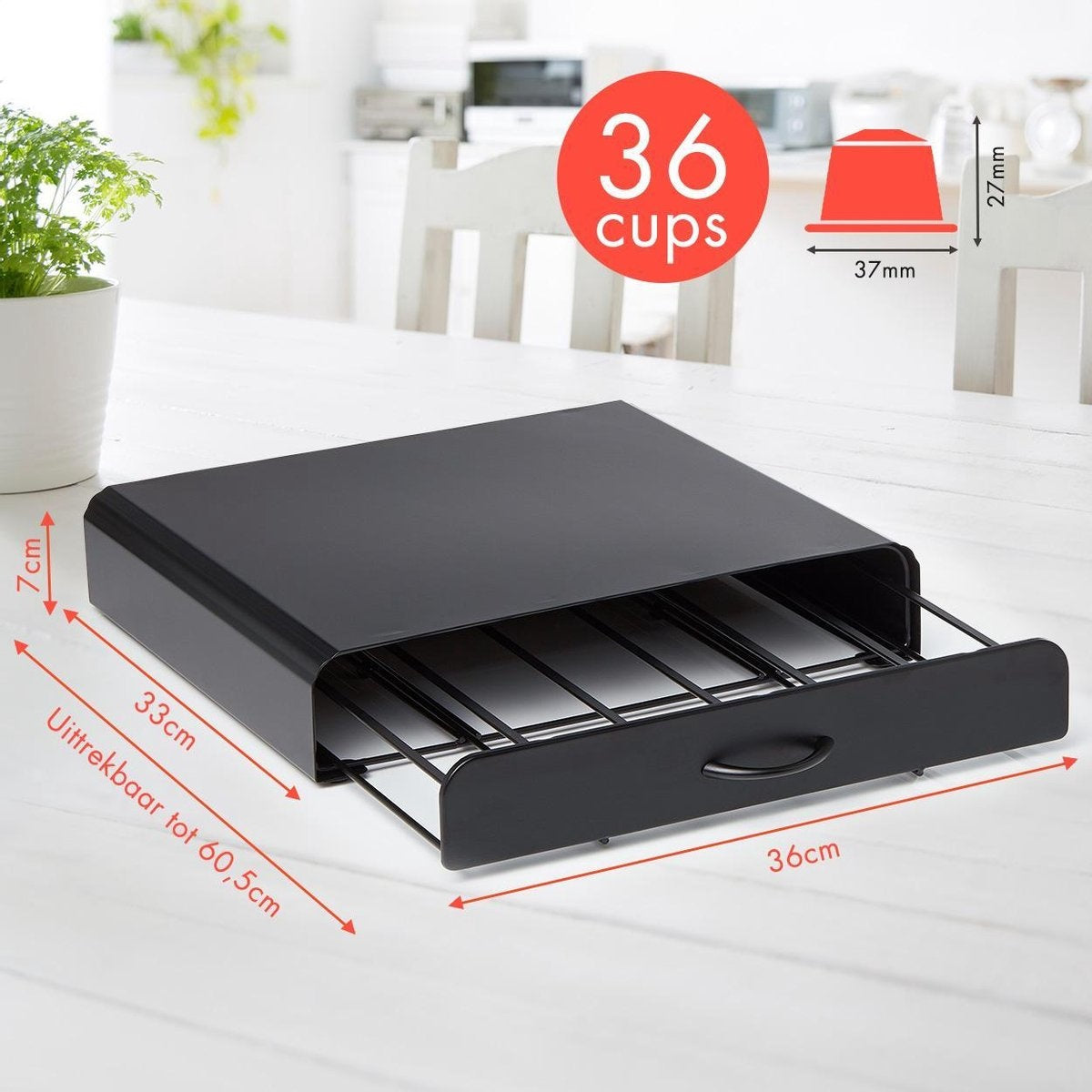 KitchenBrothers Kapselhalter - mit Schublade - Dolce Gusto - 36 Kapseln - Edelstahl - Schwarz