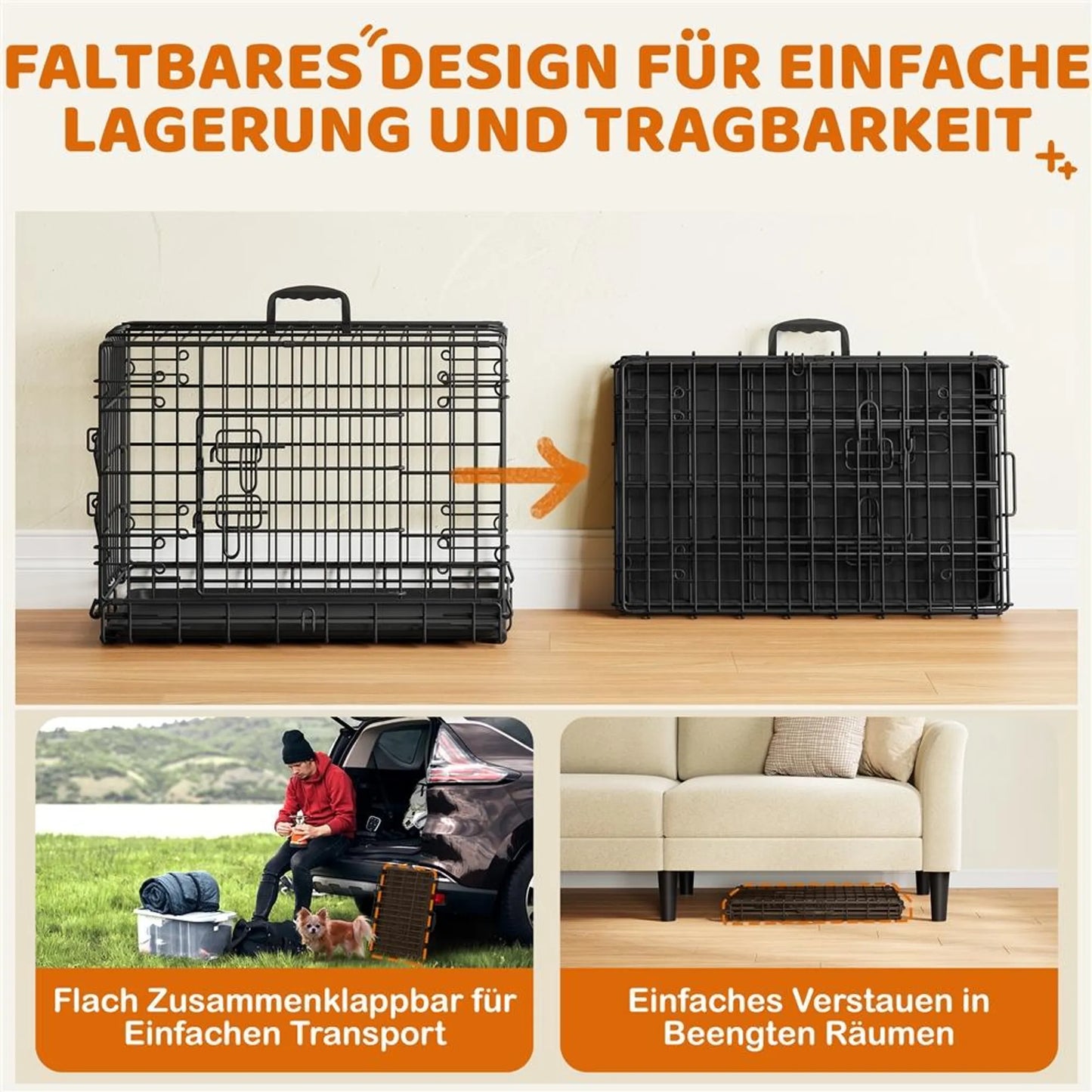 Yaheetech faltbare Hundebank mit Trennwand - mit zwei Türen und abnehmbarer Bodenplatte und Sicherheitsschloss - für Training und Reisen - schwarzes pulverbeschichtetes Metall - 61,5 x 41,5 x 47 cm