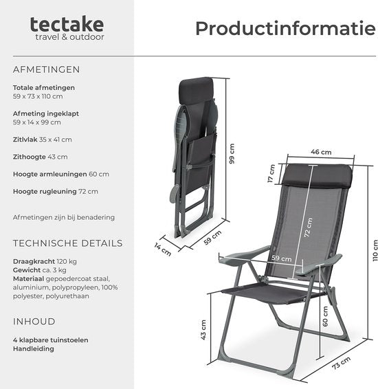 tectake -  4er-Set Gartenstühle mit hoher Rückenlehne - Aluminium - Klappstuhl 5-fach verstellbar mit Armlehnen - Sessel mit Liegefunktion - Gartenmöbel für Terrasse und Camping - Anthrazit