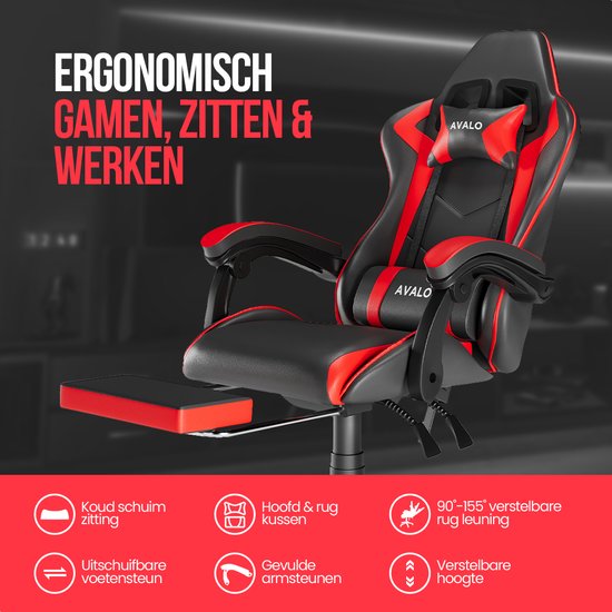 Avalo Gaming Chair - Game Chair - Ergonomischer Bürostuhl Verstellbar - Game Chair - Gaming Chair - Schwarz/Rot