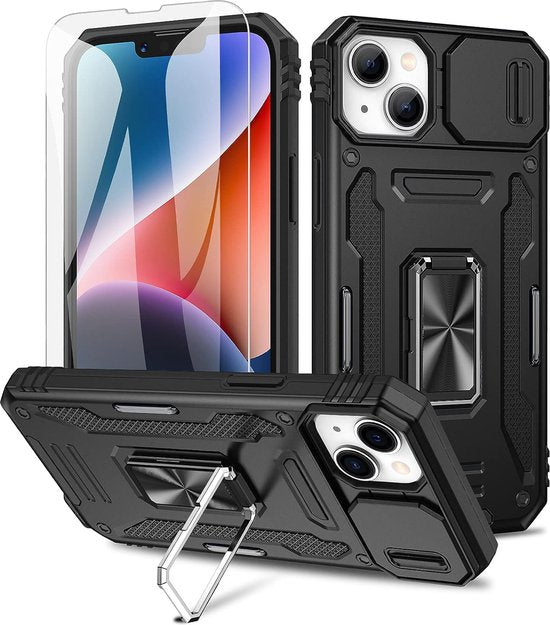 Podec Case passend für iPhone 14 Black Phone Case - Anti-Shock Case Cover Hybrid Armor Case mit Kickstand Ring mit Displayschutzfolie