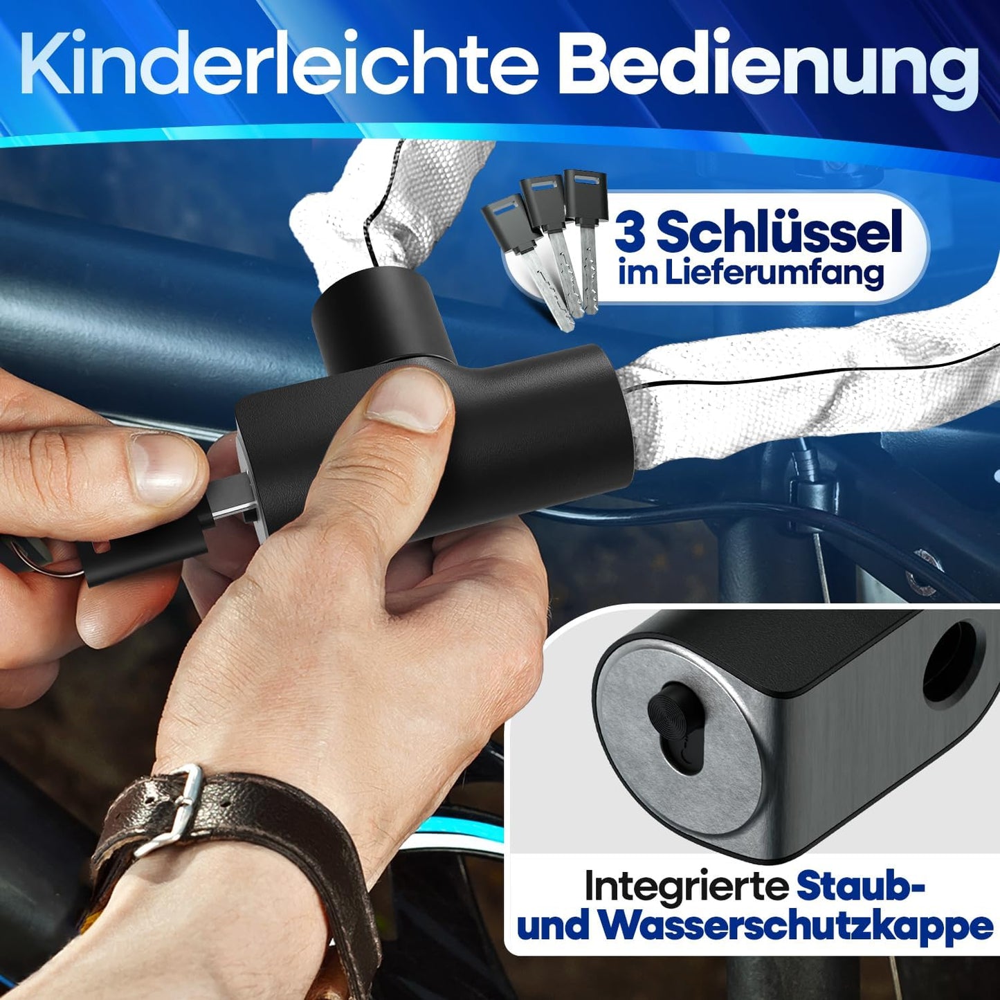 NEXTCOVER® Fahrradschloss LockOne mit Schlüssel I - [SAFE] Fahrradschloss hohe Sicherheit I robustes & langlebiges Kettenschloss Fahrrad I Fahrradschloss, Fahrradschloss 3 Schlüssel