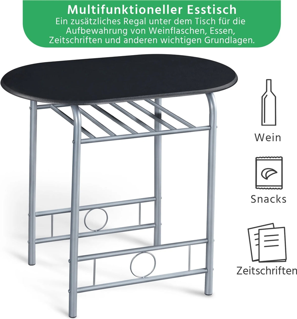 Yaheetech Dining Set von 3 - Features Tisch mit 2 Stühlen und verstellbare Lagerung Regal und wasserabweisende Beschichtung - für Küche und Esszimmer - Schwarz Metall und MDF - 80 x 53 x 73,5 cm
