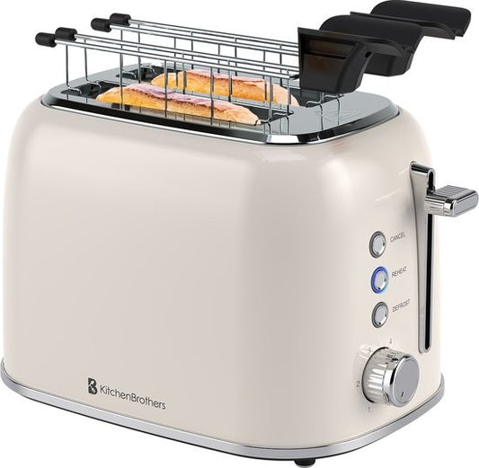KitchenBrothers Toaster mit Sandwich-Clips â€“ Toaster â€“ 6 Heizstufen â€“ breite Schlitze â€“ Sandwichmaker-Toaster â€“ 870 W â€“ Beige