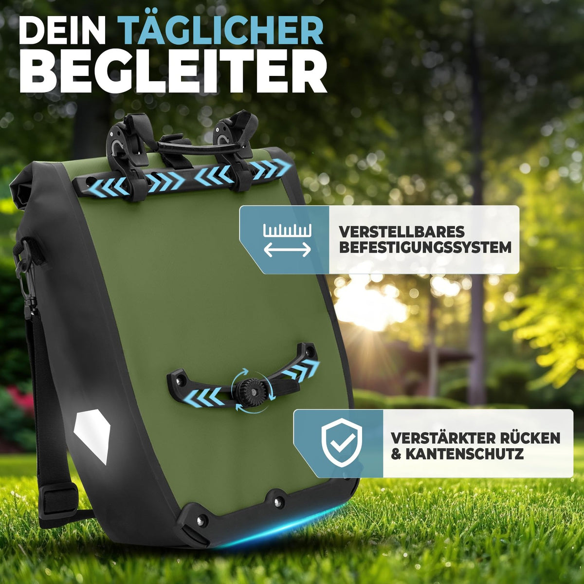 radgeist Fahrradtasche für Gepäckträger, wasserdicht – mit Reflektoren – 2-in-1-Seitentasche