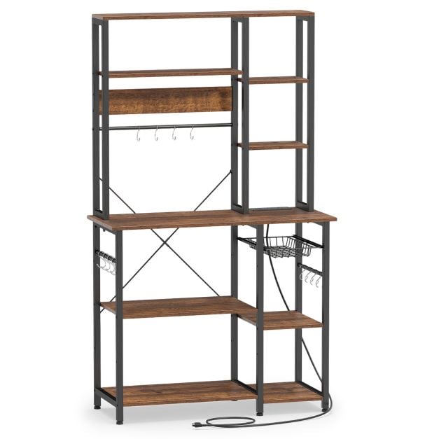 Coast 6-lagiges Küchenregal mit Steckdose – Mikrowellenregal mit ausziehbarem Drahtkorb, 12 Haken und USB-Anschluss, 99 × 40 × 170 cm – Rustikales Braun/Schwarz