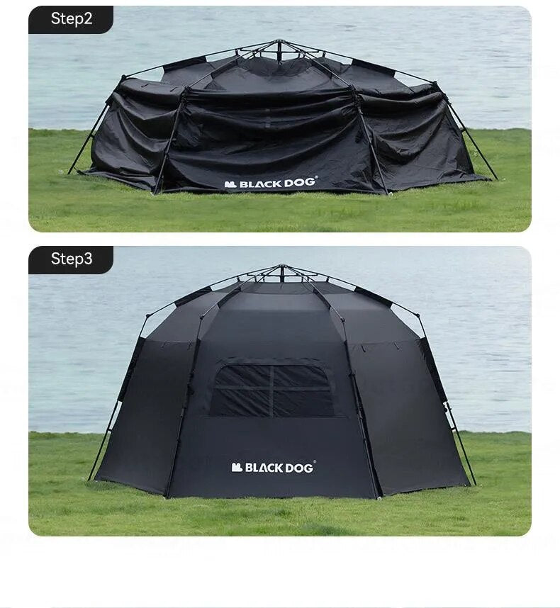 Blackdog Hexagon Automatikzelt CBD2300QT012 – 12,5 m² – UPF50+ – PU3000 mm – Schwarz.