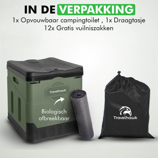 Travelhawk Campingtoilette - Tragbar & faltbar - Inklusive 12 biologisch abbaubaren Beuteln - Ideal für Camping, Festivals & Outdoor