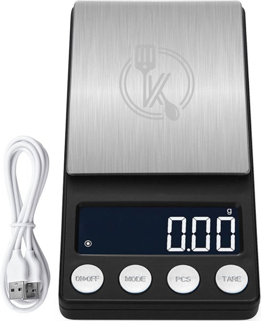 Kitchenwell digitale Mini-Präzisionsküchenwaage - 0,01 bis 200 Gramm - 14,2 x 7,5 cm - Taschenwaage USB aufladbar - Küchenwaage - schwarz