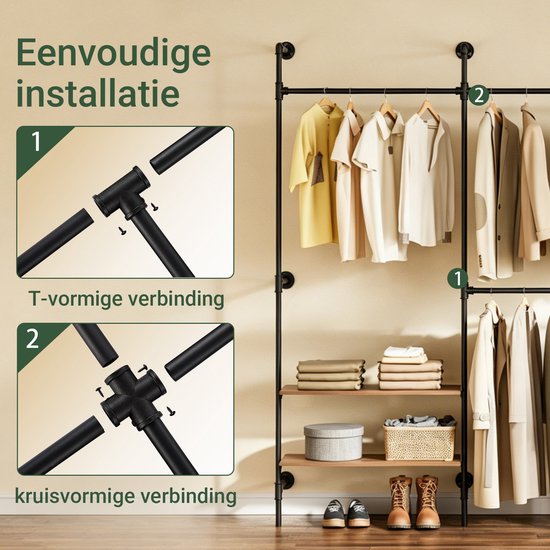 SoBuy Wandgarderobe mit 4 Kleiderstangen und 4 MDF-Regalböden, offener Kleiderschrank, Tragkraft 120 kg für das Schlafzimmer, 265 x 48 x 220 cm, Industrial-Schwarz KLS19-SCH