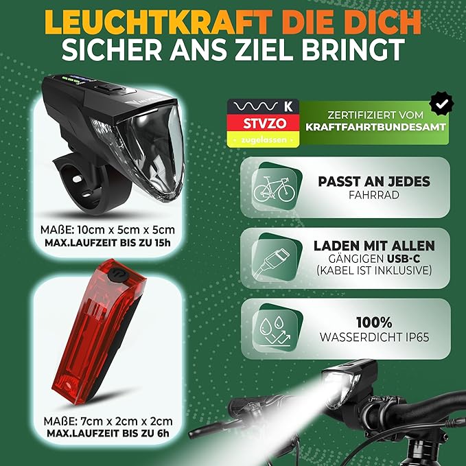 MIVELO Fahrradlicht-Set - USB aufladbar & wasserdicht - 70 Lux - Schwarz