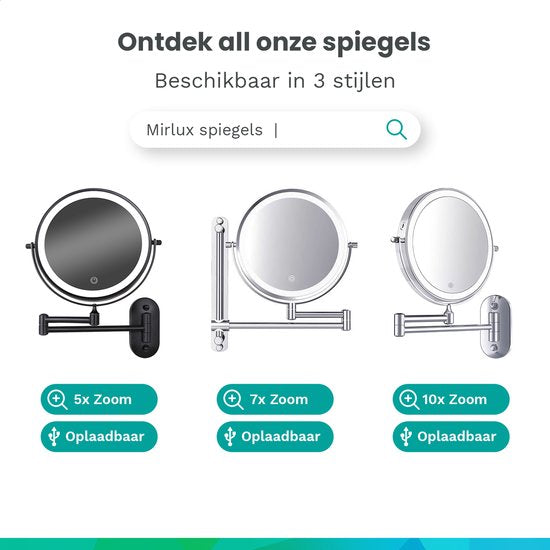 Mirlux Make-up-Spiegel mit Led-Beleuchtung - Wiederaufladbar - 7-fache Vergrößerung - Vergrößerungsspiegel mit Licht - Rasierspiegel - Badezimmerspiegel - Chrom