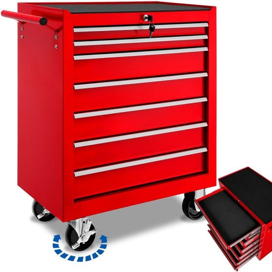 tectake - Werkzeugwagen mit 7 Schubladen - Werkstattwagen, mobile Werkstatt, leerer Werkzeugwagen, Werkzeugkasten, 7 Schubladen, 69 x 33 x 79 cm, Räder mit Bremse, inkl. 2 Schlüssel - rot