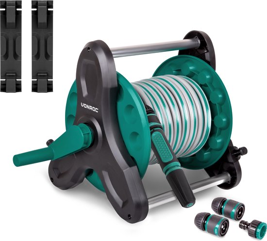 VONROC Schlauchaufroller-Set - Inkl. 15m Gartenschlauch, Zapfpistole, Schlauchverbinder, Wasserhahnanschluss