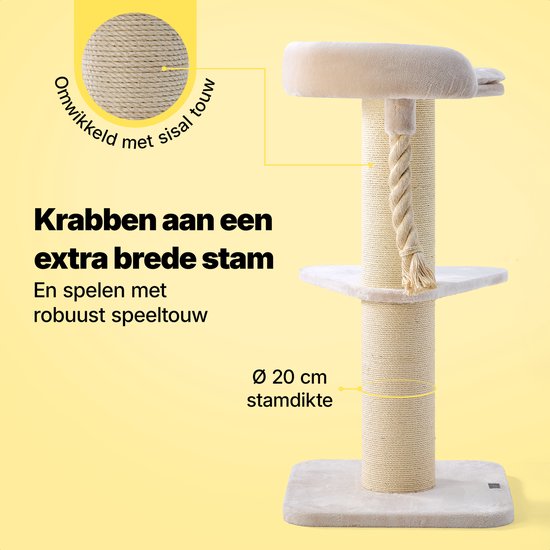 Jake und Jacky Kratzbaum für große Katzen mit Korb – mit Spielseil – mit Trittstufe – Natur/Creme – 57 x 57 x 121 cm – Ø Kratzbaum 20 cm