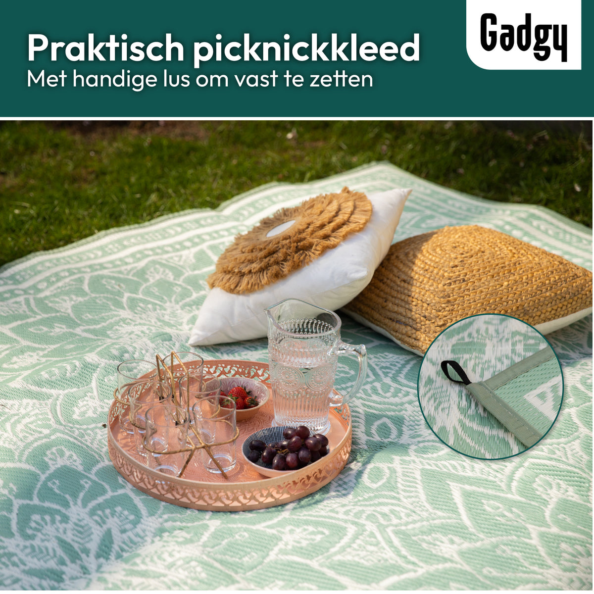 Gadgy Outdoor Teppich XXL - Outdoor Teppich 270x200 cm - Gartenteppich Doppelseitig - Picknickdecke Grün Weiß - Outdoorteppich