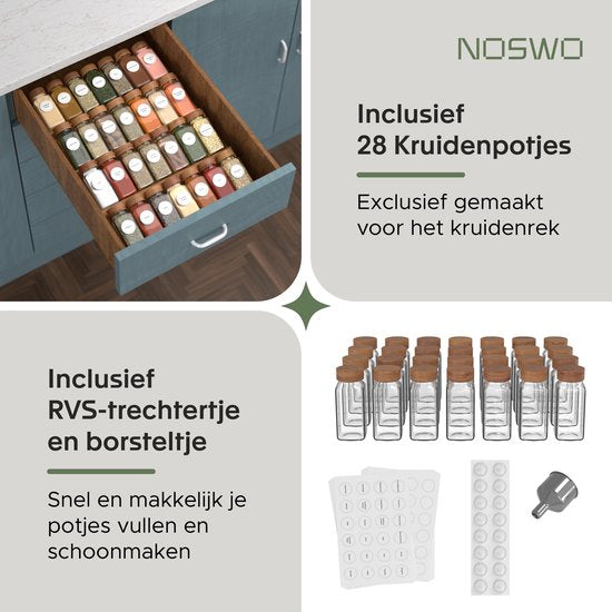 Noswo Gewürzregal Schublade mit 28 Gläsern - Komplettset - Quadratisch - Streudeckel und Etiketten - Gewürzorganisation - Küchenschubladen-Organisation - Akazie